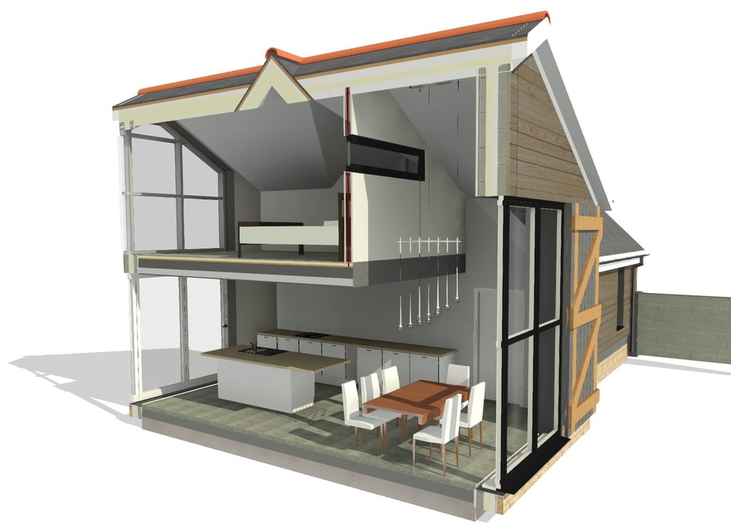 3D architectural cross-section of a modern house showing an open-plan kitchen and loft bedroom.