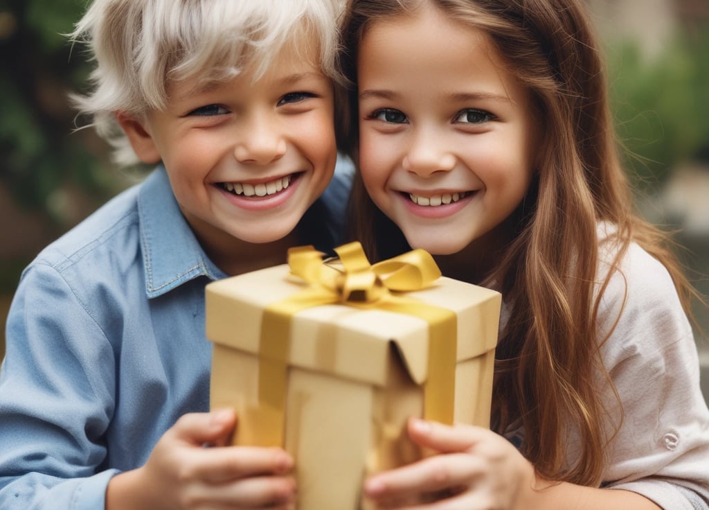two children smiling holding a present