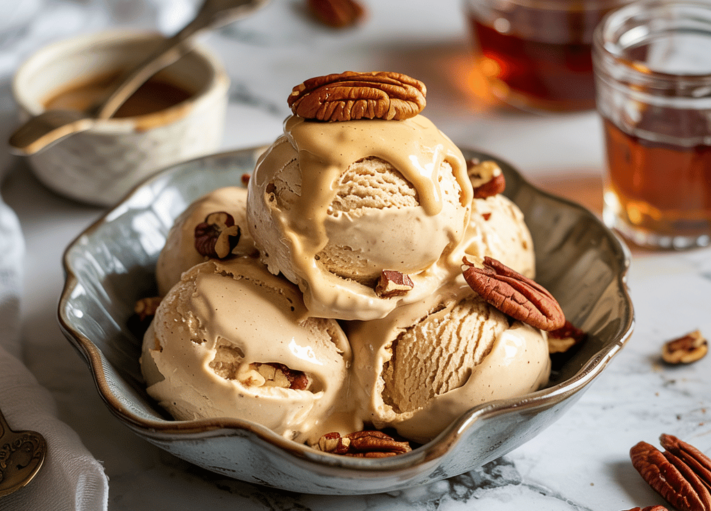 Scoops of vegan butter pecan ice cream in a bowl with candied pecans on top.