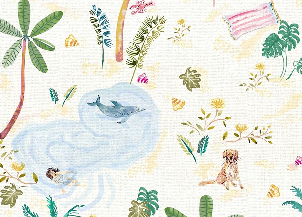 Estampa infantil de paisagem, com mar, golfinhos, crianças nadando, cachorros, conchas, coqueiros