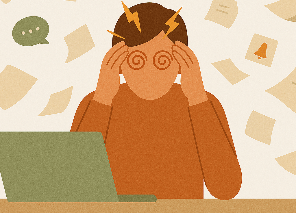 Persona con ojos como espirales rodeada de papeles y símbolos reflejando falta de tiempo y estres.