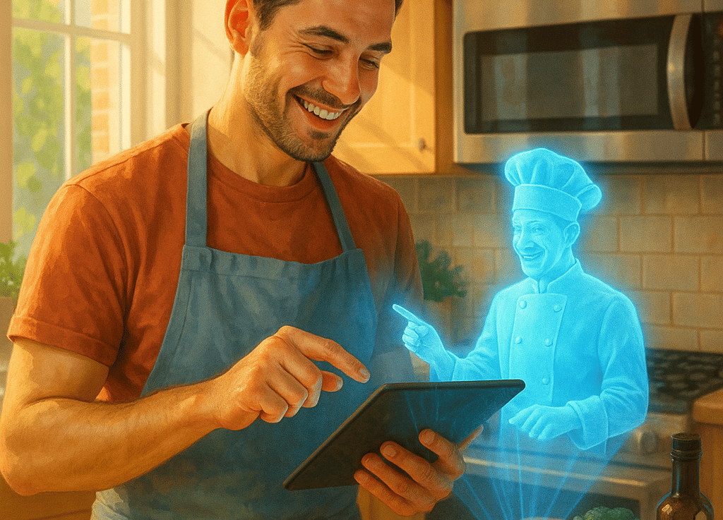 Persona usando aplicación de IA culinaria en tablet con asistente virtual holográfico en una cocina moderna.