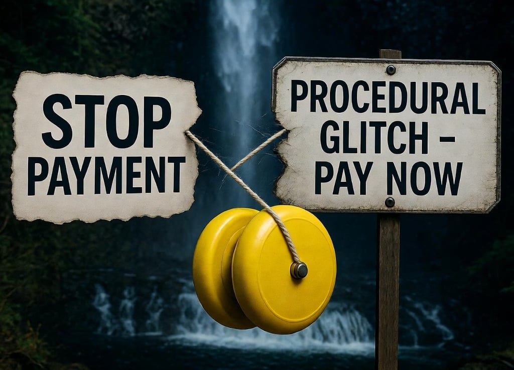 Stop Payment sign and procedure glitch sign being yo-yoed back and forth