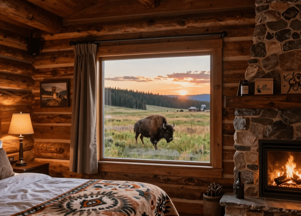 Cozy rustic hotel room interior with a view of Yellowstone National Park