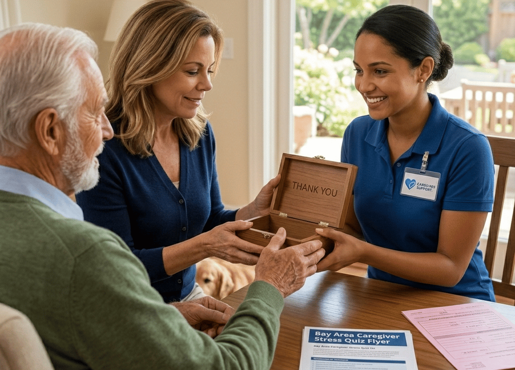 Smiling home care worker receiving a thank you gift box from an elderly man and his daughter.