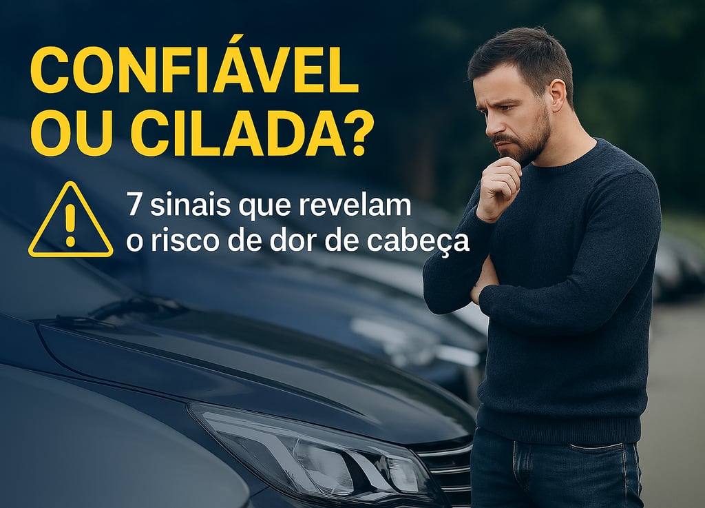 Homem observando um carro usado em um pátio com expressão de dúvida, ao lado da frase “Confiável ou 