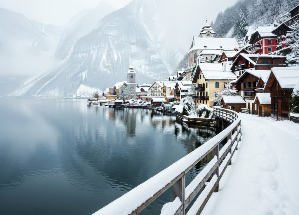 Charming hallstatt village in winter beside a tranquil lake