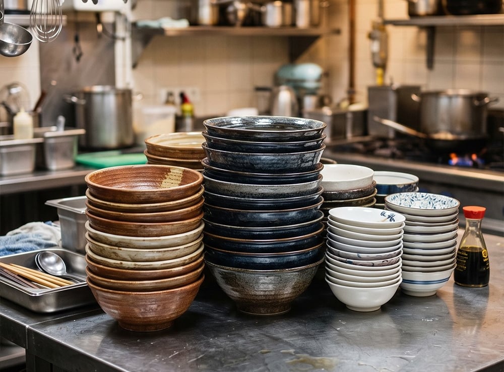 面馆陶瓷餐具出餐效率与面碗叠放场景