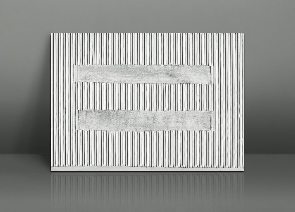 White textured canvas art with vertical ridges and two horizontal rectangular panels.