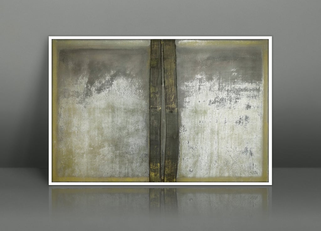 Minimalist abstract diptych painting with textured grey, white, and gold metallic accents.