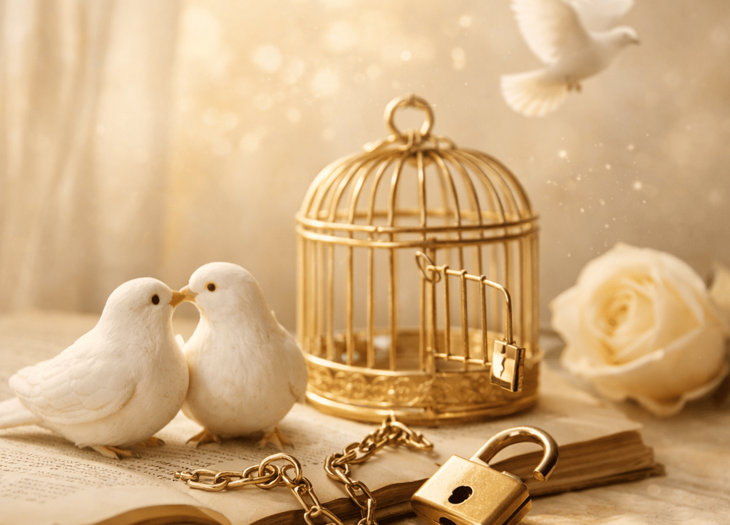 Deux colombes blanches près d’une cage dorée ouverte symbolisant l’amour, la jalousie et la liberté 