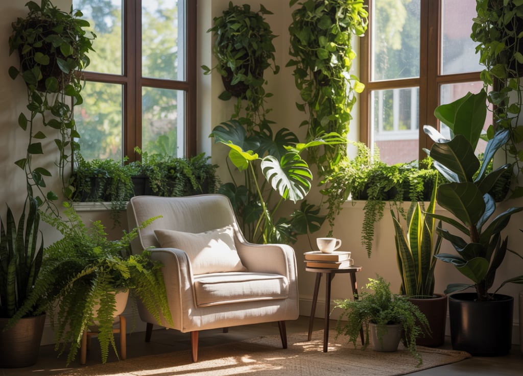 Neutral-toned outdoor reading nook with soft cushions and subtle accent colors, calm and balanced co