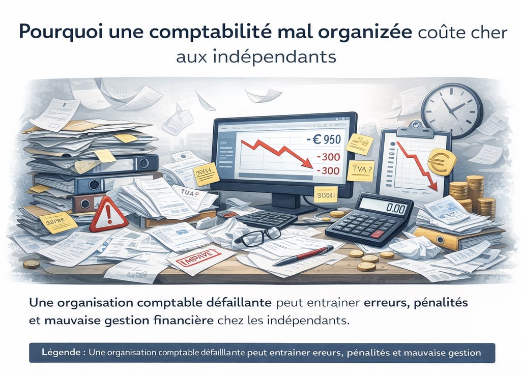 Illustration montrant une comptabilité mal organisée chez un indépendant entraînant erreurs, stress 