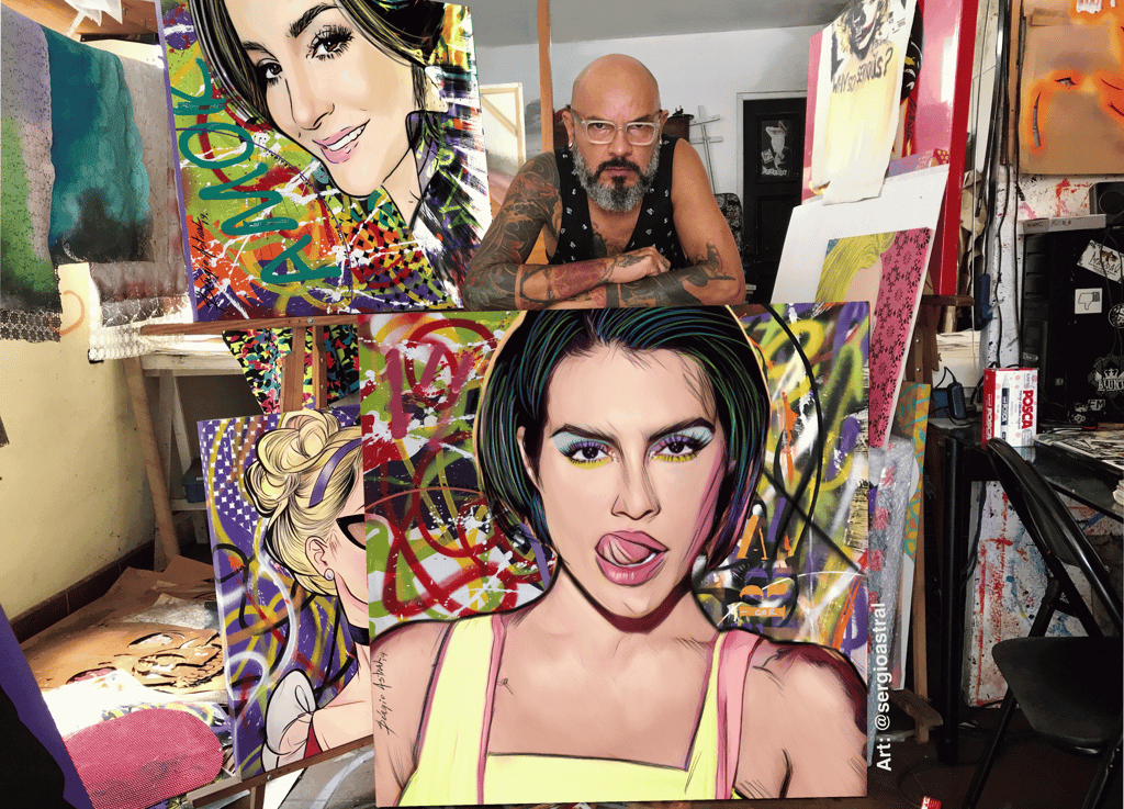 Sérgio Astral em seu ateliê , com quadros pintados de clientes