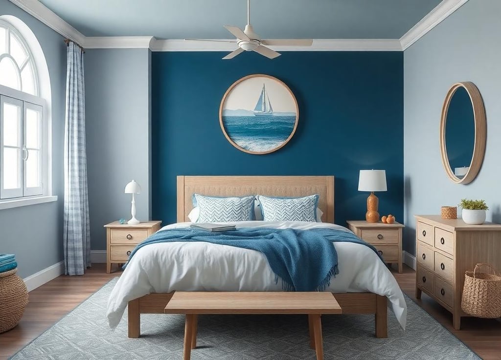 a bedroom with a bed and a blue wall