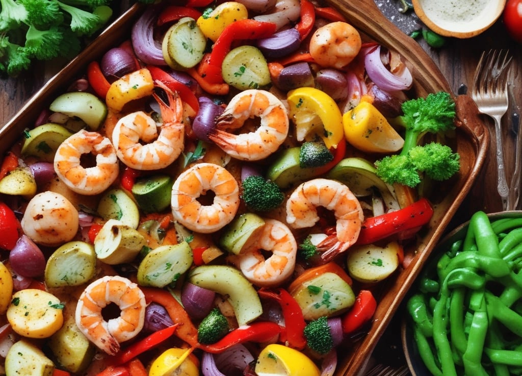 “Sheet-pan Cajun shrimp and roasted vegetables — colorful, spicy weeknight dinner bursting with flav