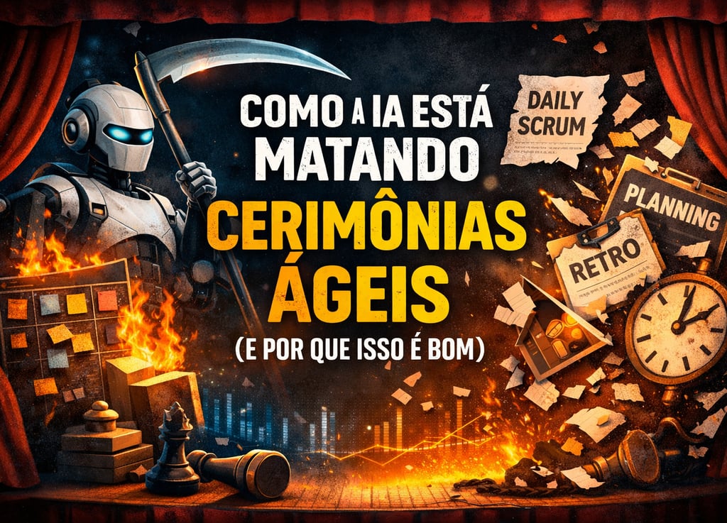 Robô simbolizando IA destruindo cerimônias ágeis como daily, planning e retrospectiva