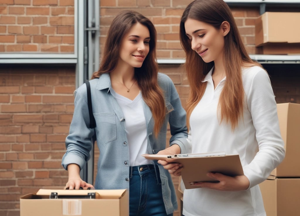 two women standing in front of boxes of boxes