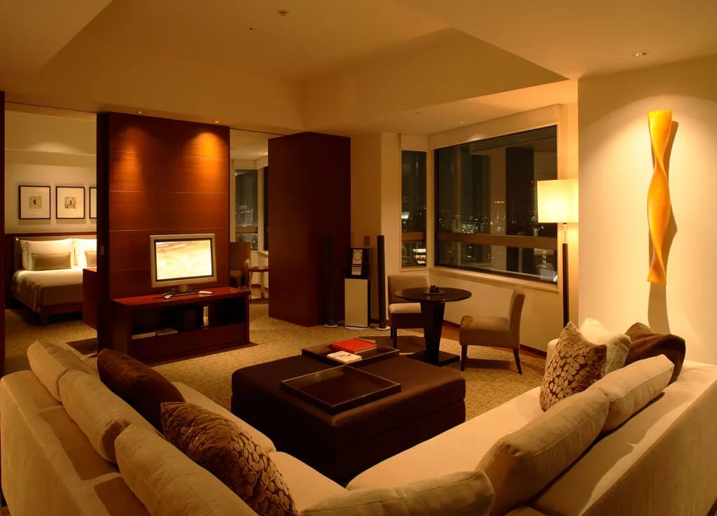 Luxury suite at Grand Hyatt Tokyo with city view and modern decor.