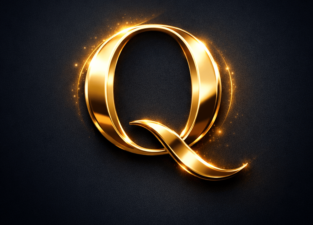 Elegant 3D gold letter Q with glowing sparkles and a metallic finish on a dark textured background.