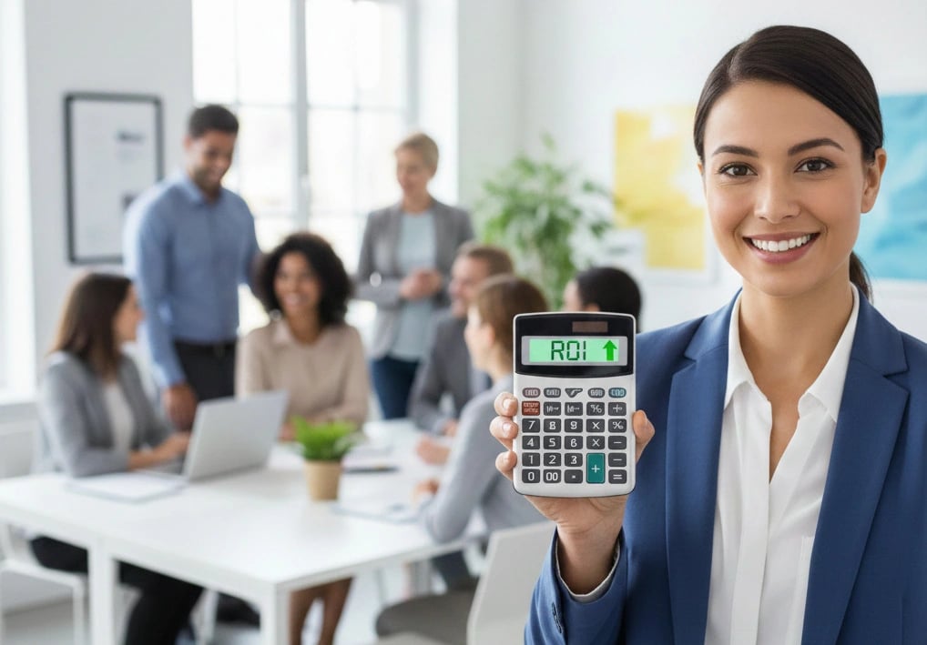 Mulher segura calculadora com a palavra ROI mostrando o lucro do investimento