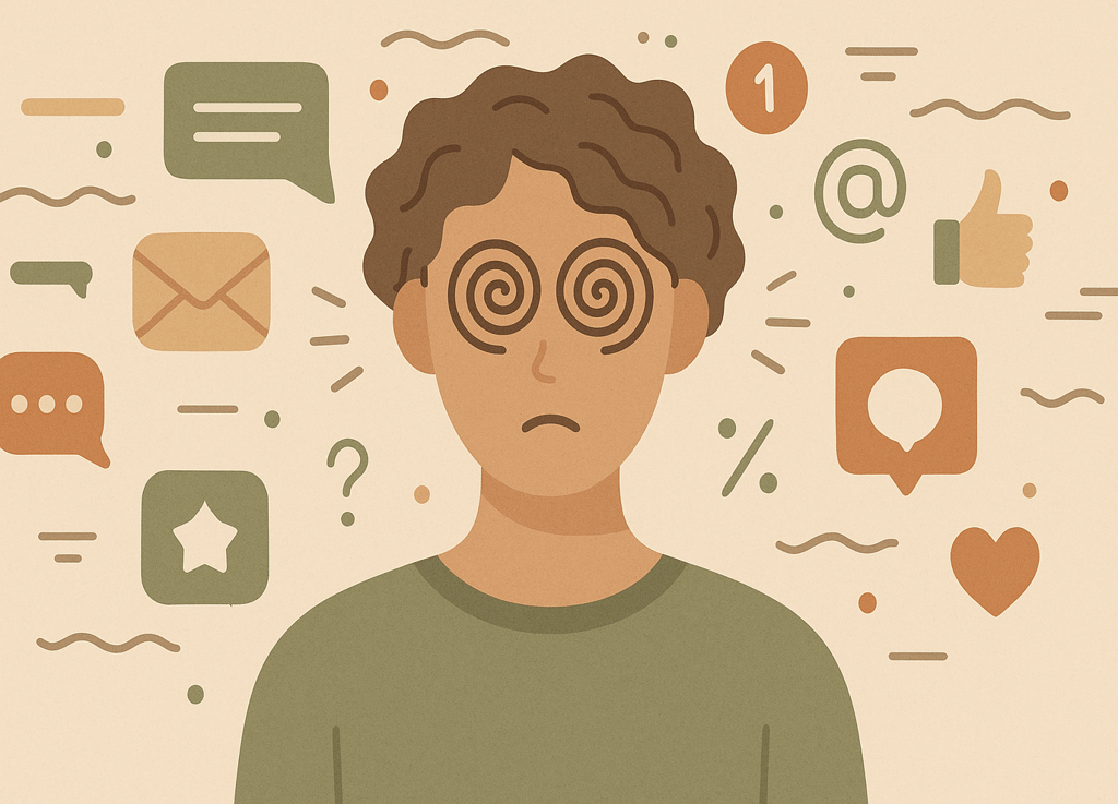 Persona confundida con ojos en espiral, rodeada de palabras y símbolos. Representan sobreinformación