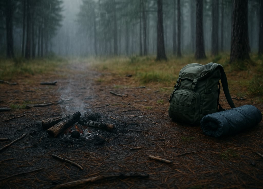 Smoky campsite with gear left behind showing the importance of fully extinguishing fires in forest survival situations
