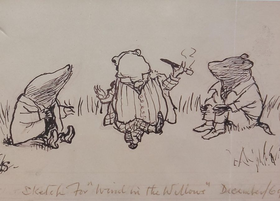 4" x 6" ink sketch of Rat, Mole & Toad by Ernest Shepard