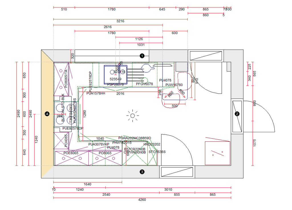 Detailed kitchen floor plan layout with dimension measurements and appliance placement symbols.