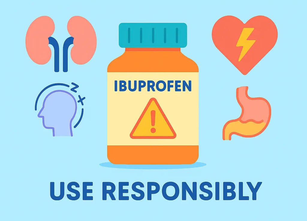 Ibuprofen bottle with warning label and icons for kidney, heart, stomach, and dizziness risks, with text 'Use Responsibly'.