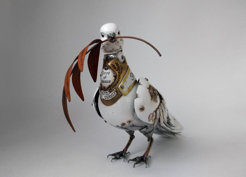 Igor Verny white steampunk metal bird sculpture with leaves, small bird, metal sculpture