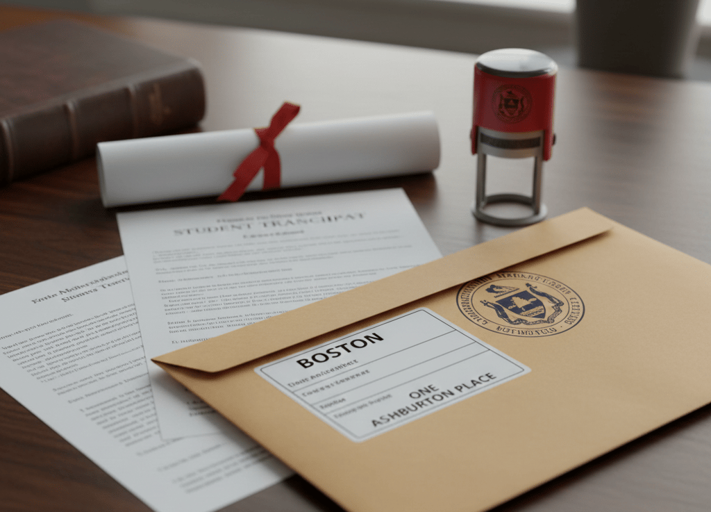 Massachusetts diploma and transcript prepared for apostille and notarization at One Ashburton Place 
