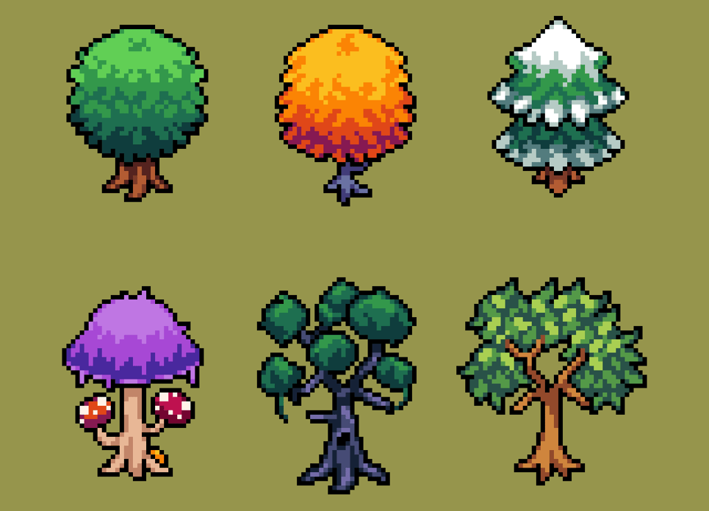 different-trees-pixel-art-icon-set-forest-flora-species-logo-collection-8-bit-sprite
