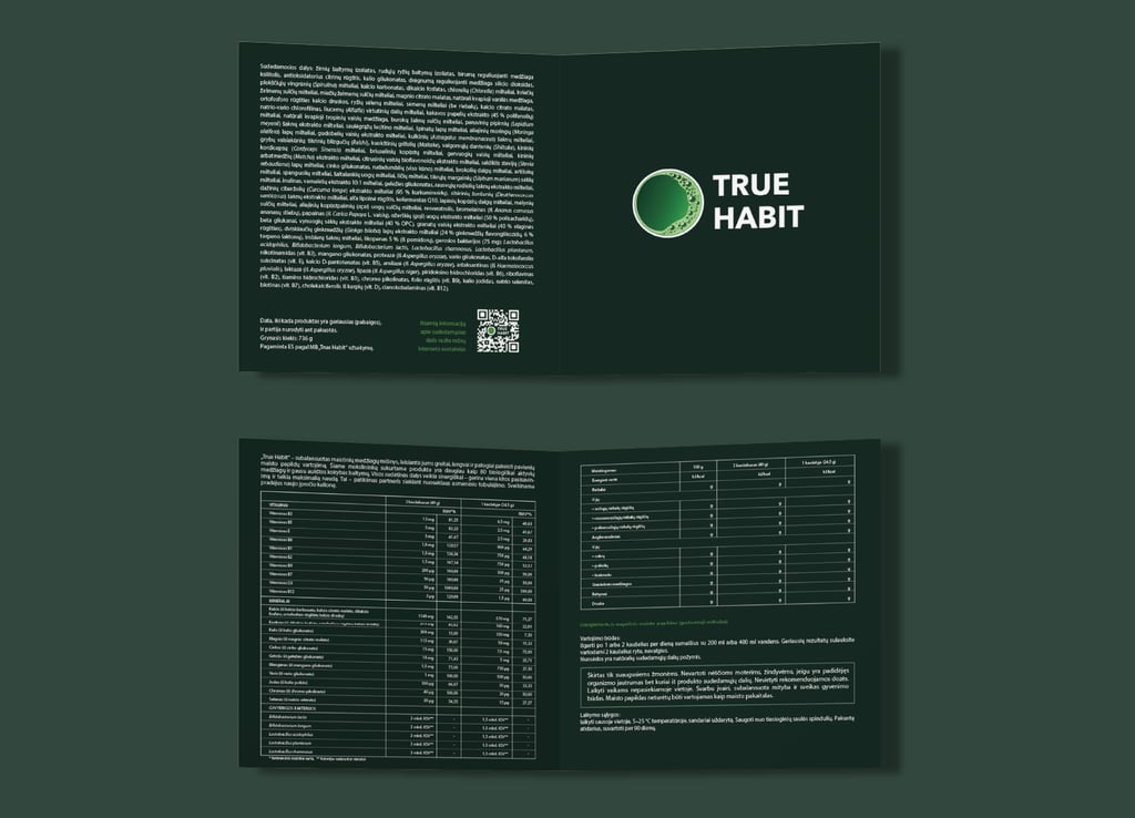 dark green brochure with desciption of Truehabit drink