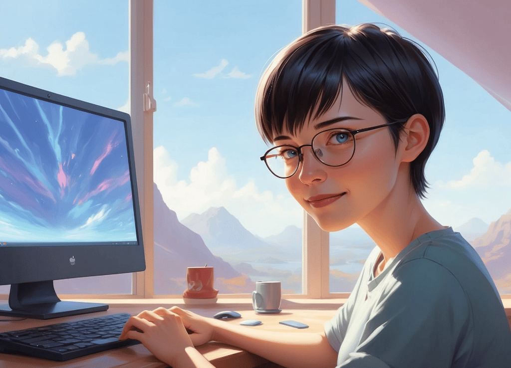 Avatar di Nicoletta mentre scrive al computer, creato con AI