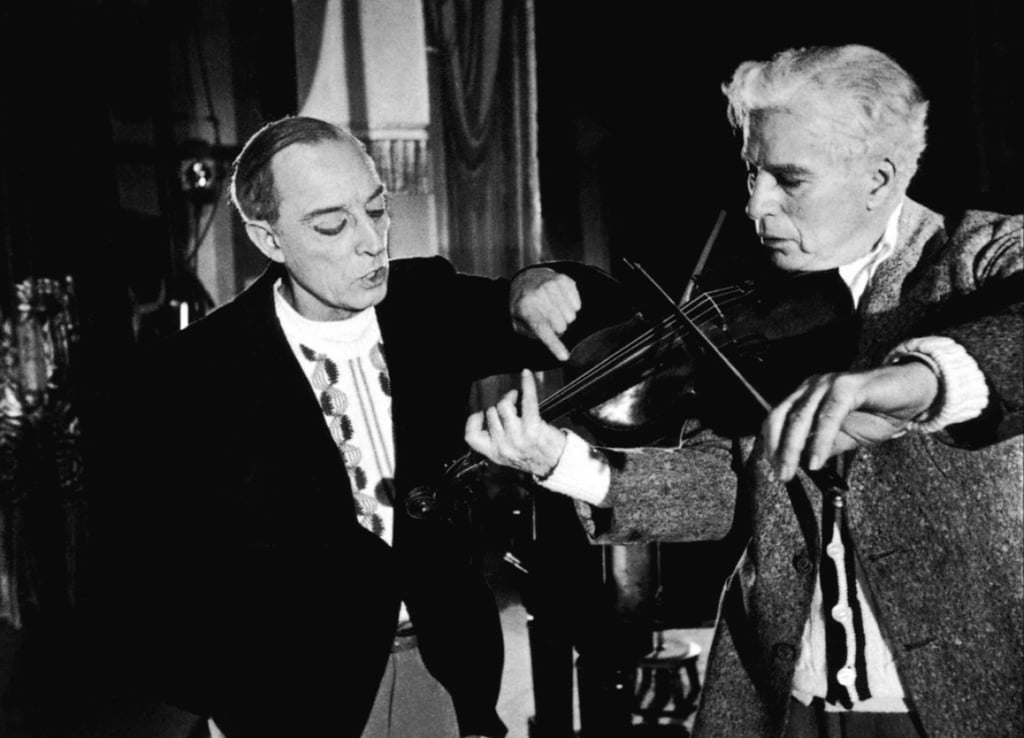 Buster Keaton and Charlie Chaplin rehearse together for the classic film Limelight.