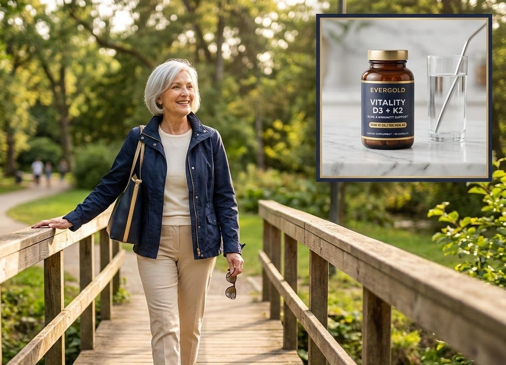 Woman walking and an image of a D3 + K2 vitami vial