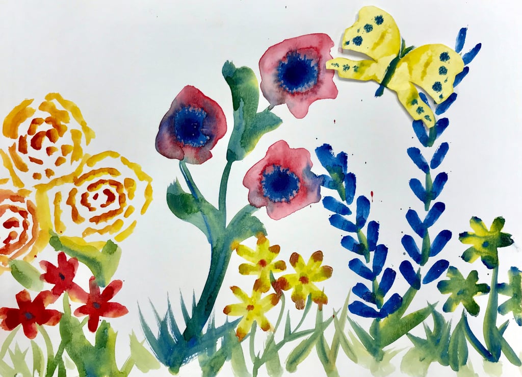 watercolor landscape featuring flowers and butterflies