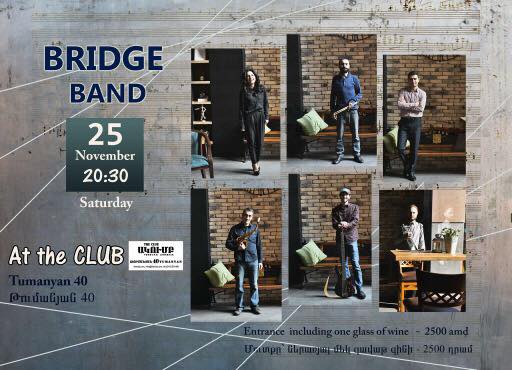 Bridge Band concert poster featuring musician portraits for a live performance at The Club on Tumanyan 40.
