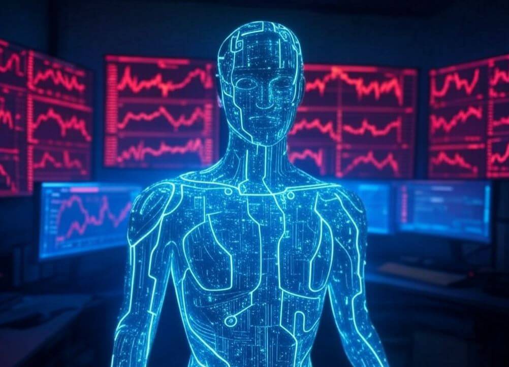 a man in a blue suit standing in front of a computer screen