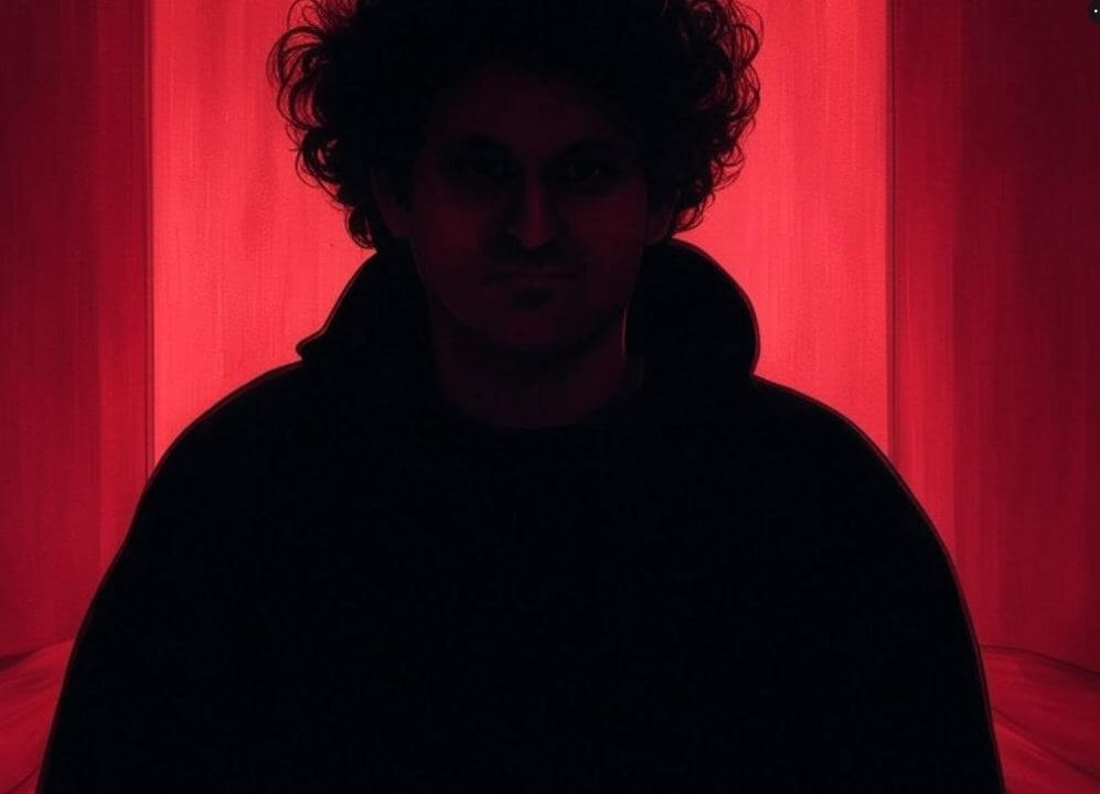 a man in a black hoodie and a red curtain
