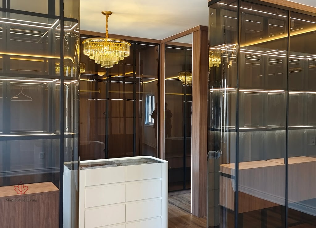 Close-up of a gold crystal chandelier in a custom-designed boutique dressing room.