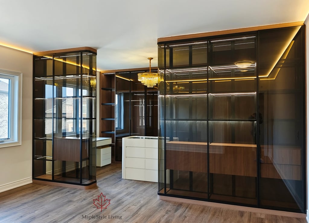 A completed modern walk-in closet featuring smoked glass cabinetry, integrated LED shelving, and a w