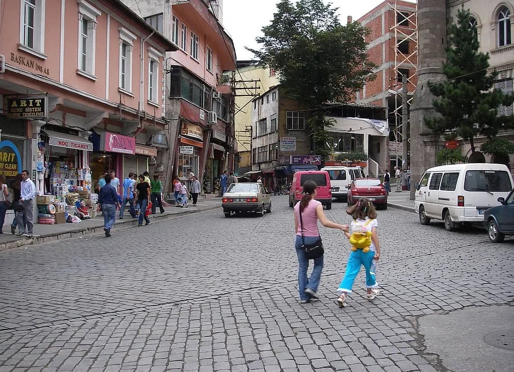 Luftaufnahme der Stadt Trabzon an der Schwarzmeerküste mit dicht bebauten Stadtvierteln, Küstenstraße 