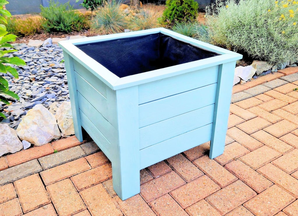 large wooden square planter on legs handmade in uk painted in colour