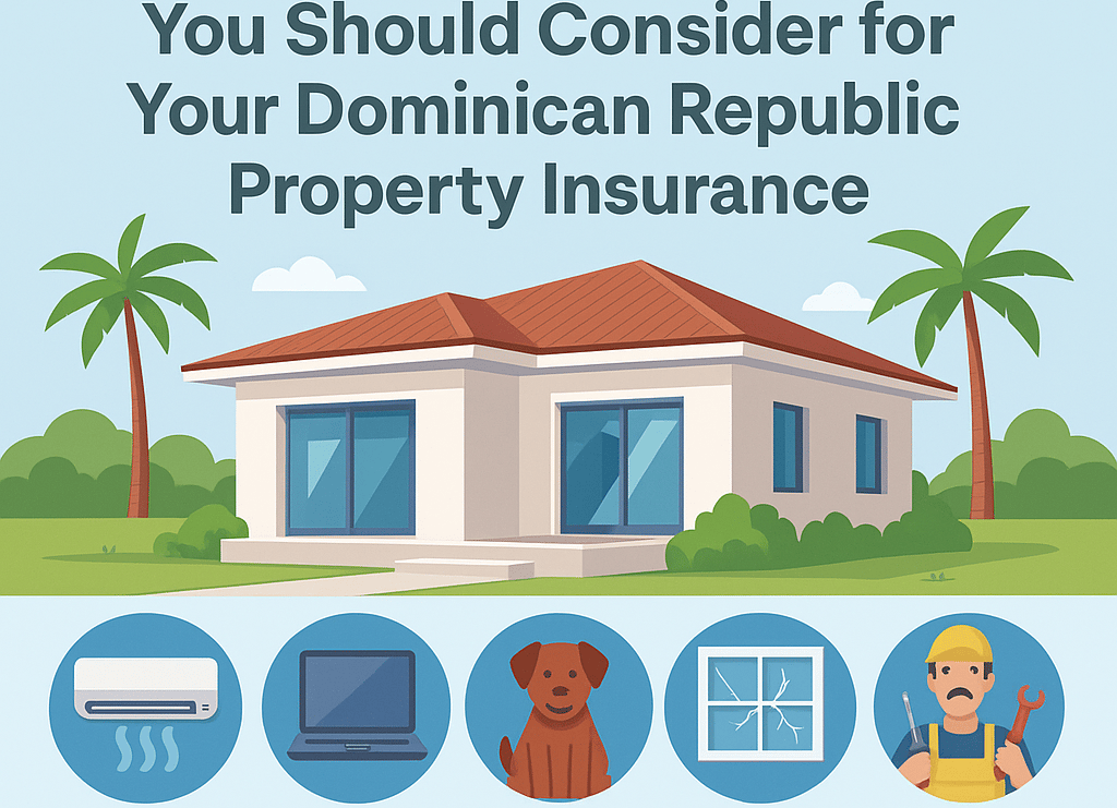 Infographic showing a Caribbean villa with icons for extra property insurance coverages in the DR