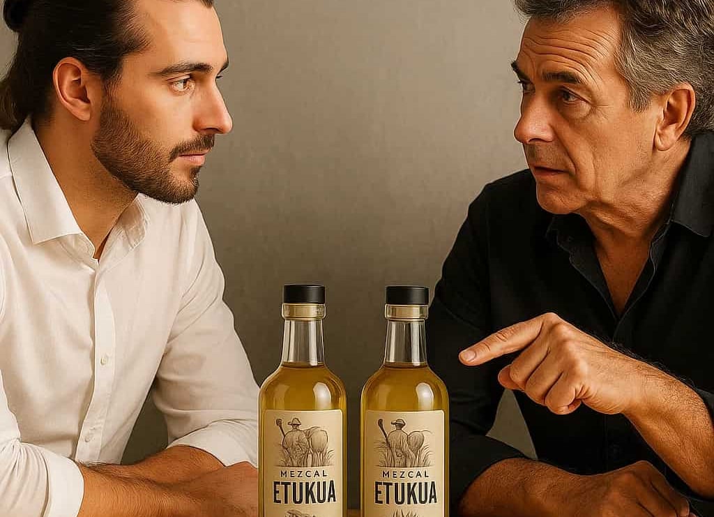 Un sommelier escuchando atentamente a un cliente que gesticula, en una situación de consulta persona