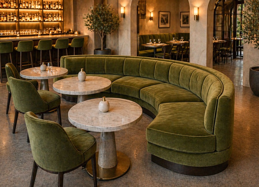 Custom restaurant banquette seating with tailored upholstery and dimensions