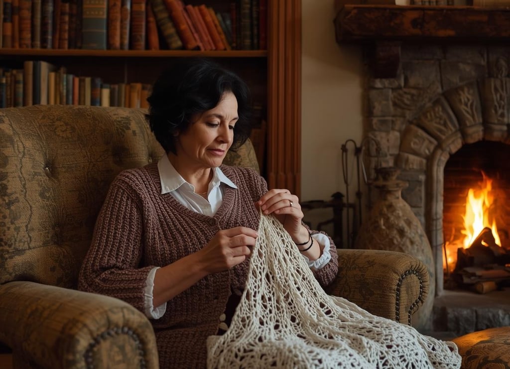 Femme brune qui fait du crochet dans un fauteuil de salon