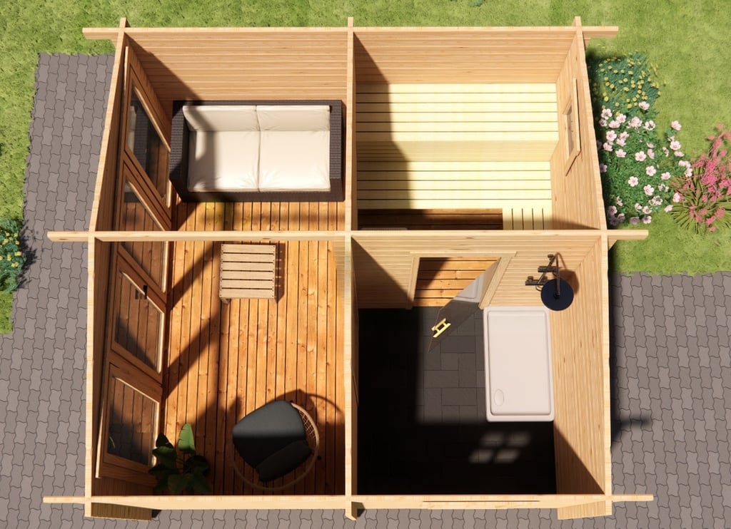 buiten met kledingruimte sauna in de tuin